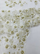 Multi Color 3D Floral Design Embroider with Pearls in a Mesh Lace Fabric| New Creations Fabric & Foam Inc. - New Creations Fabric & Foam Inc