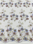 Multi Color 3D Floral Design Embroider with Pearls in a Mesh Lace Fabric| New Creations Fabric & Foam Inc. - New Creations Fabric & Foam Inc