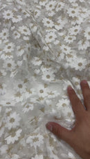 Ivory/Gold metallic French inspired embroidered lace fabric| New Creations Fabric & Foam Inc.