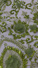 Floral 3D Palm Damask with Glitter in a Mesh Lace| New Creations Fabric & Foam Inc.