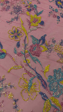 Multi Color Roses Glitter Design On A Mesh Lace Fabric| New Creations Fabric & Foam Inc