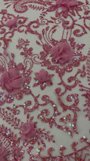 Floral 3D Palm Damask with Glitter in a Mesh Lace| New Creations Fabric & Foam Inc.