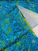 Splatter Foil Paint Metallic Print on a 4 - way Stretch Tie Dye Nylon Spandex | New Creations Fabric & Foam Inc. - New Creations Fabric & Foam Inc