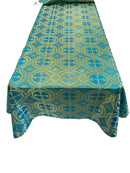 Turquoise/Gold - Rectangular Metallic Cross Brocade Jacquard Satin Tablecloth Overlay/Religious Brocade/Liturgical Fabric/Church. - New Creations Fabric & Foam Inc