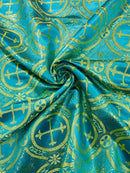Turquoise/Gold - SQUARE METALLIC CROSS JACQUARD SATIN - New Creations Fabric & Foam Inc
