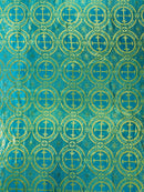 Turquoise/Gold - SQUARE METALLIC CROSS JACQUARD SATIN - New Creations Fabric & Foam Inc