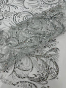 Vine Glitter Design On A Mesh Lace Fabric/Prom - New Creations Fabric & Foam Inc