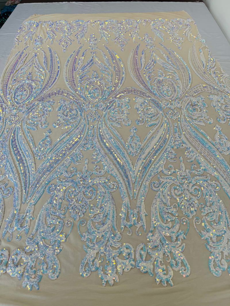 BIG DAMASK SEQUIN ON STRETCH MESH FABRIC (By The Yard)