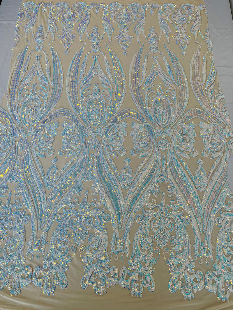 BIG DAMASK SEQUIN ON STRETCH MESH FABRIC (By The Yard)