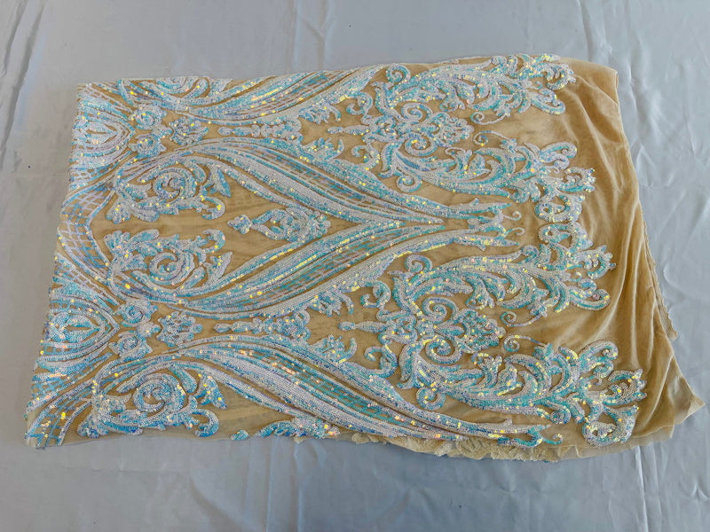 BIG DAMASK SEQUIN ON STRETCH MESH FABRIC (By The Yard)