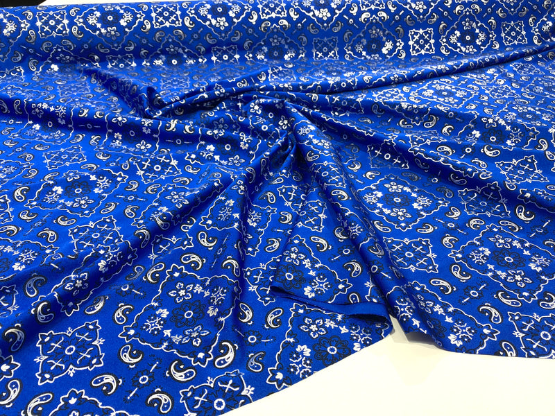 Royal Blue 58/59" Wide Bandana Print on Lycra 4 Way Stretch  Spandex, Sold By The Yard.