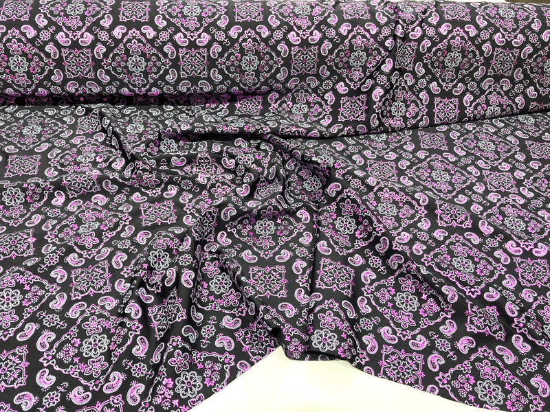 Fuchsia 58/59" Wide Bandana Print on Black Lycra 4 Way Stretch  Spandex, Sold By The Yard.