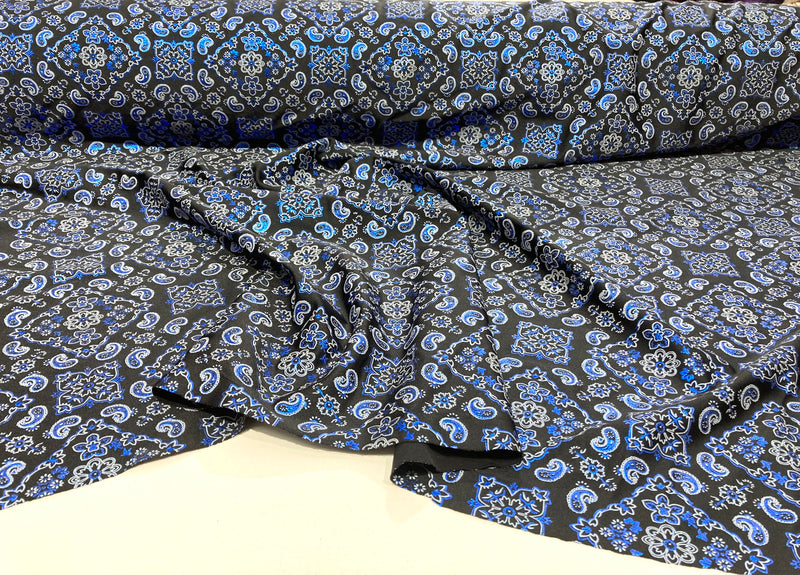 Royal Blue 58/59" Wide Bandana Print on Black Lycra 4 Way Stretch  Spandex, Sold By The Yard.