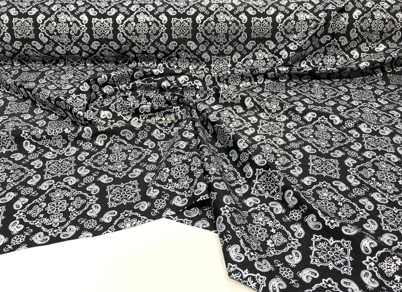 Silver 58/59" Wide Bandana Print on Black Lycra 4 Way Stretch  Spandex, Sold By The Yard.