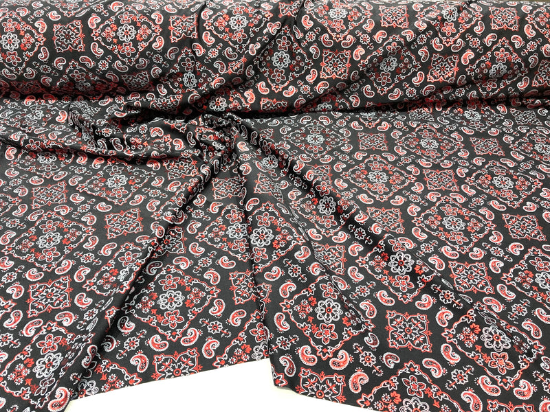 Red 58/59" Wide Bandana Print on Black Lycra 4 Way Stretch  Spandex, Sold By The Yard.