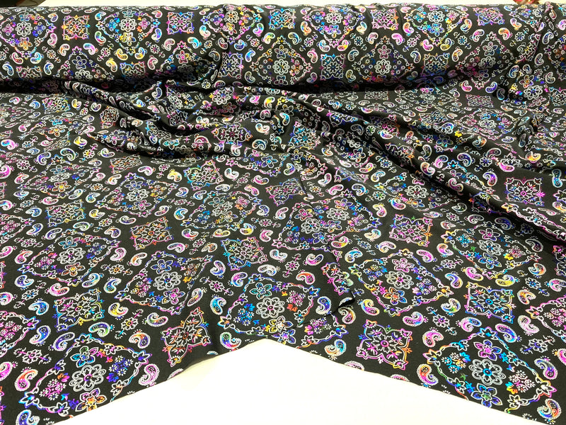 Multi Color 58/59" Wide Bandana Print on Black Lycra 4 Way Stretch  Spandex, Sold By The Yard.