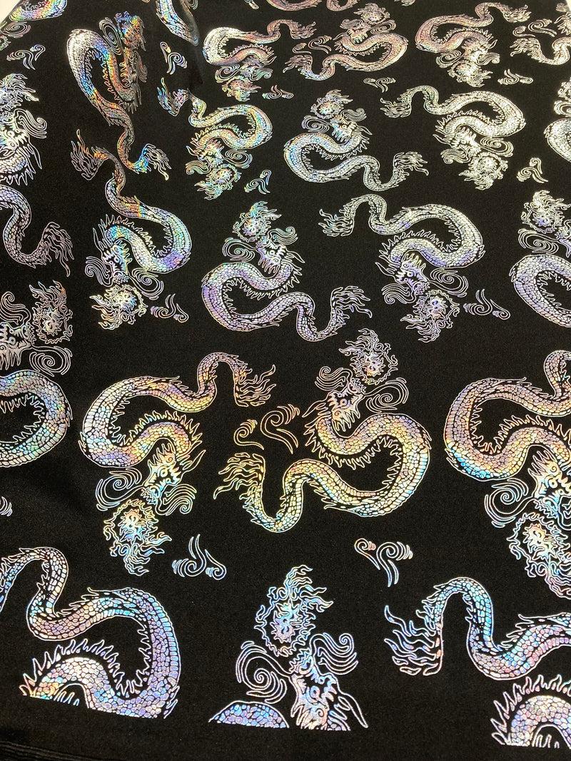 Silver 58/59" Wide Dragon Foil Print on Black Lycra 4 Way Stretch  Spandex, Sold By The Yard.