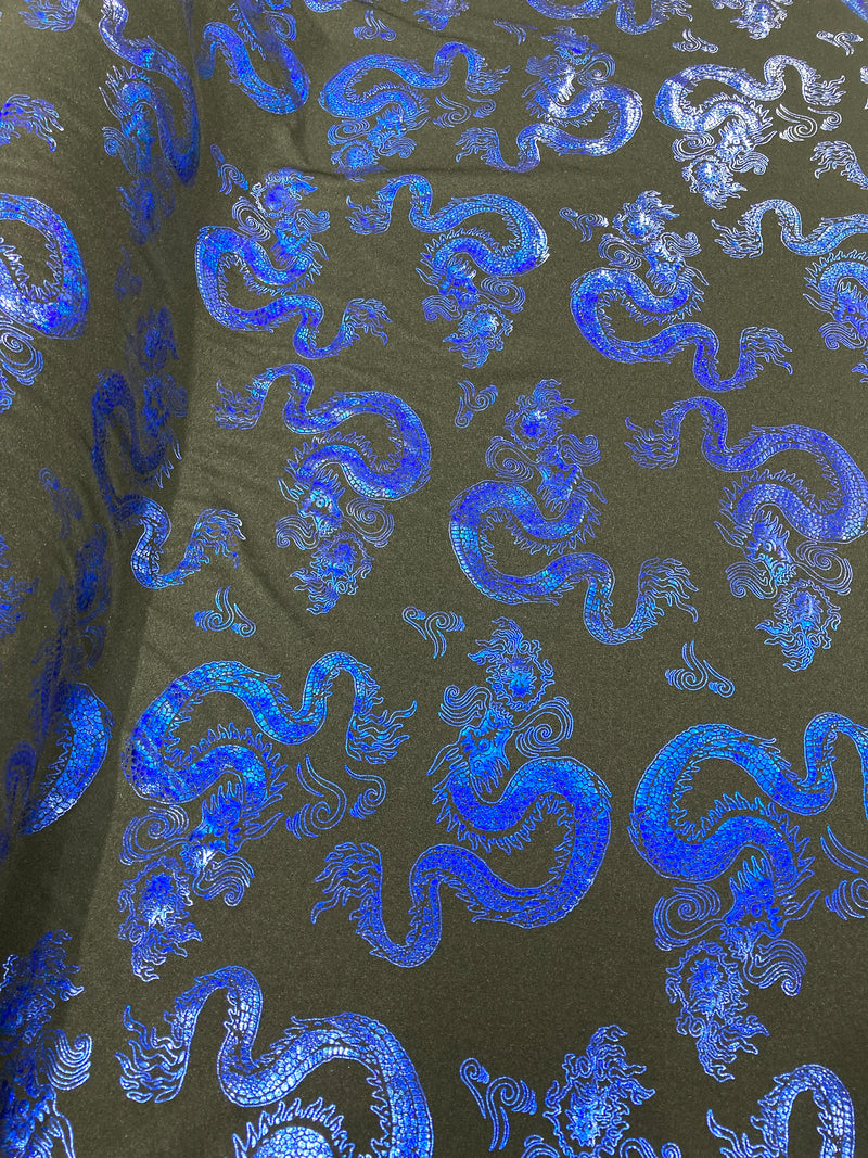 Royal Blue 58/59" Wide Dragon Foil Print on Black Lycra 4 Way Stretch  Spandex, Sold By The Yard.