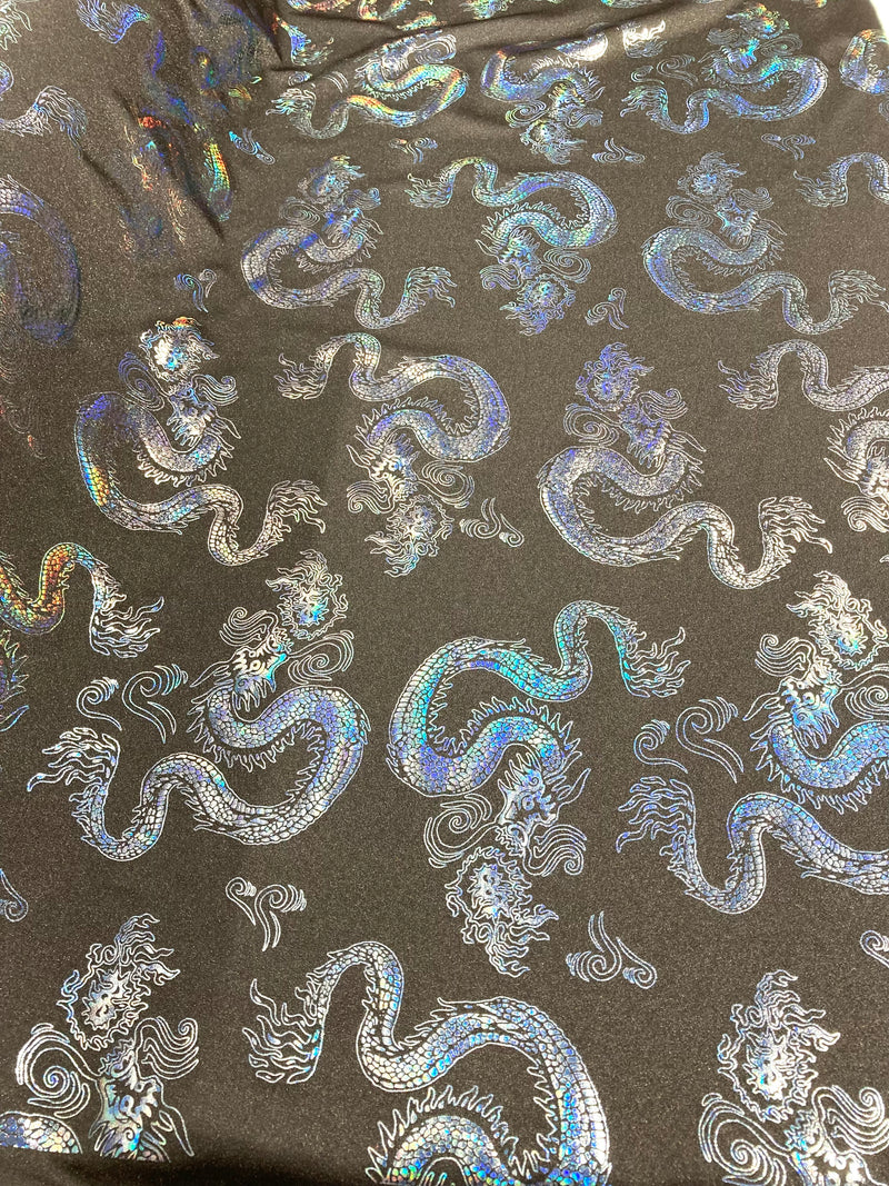 Black 58/59" Wide Dragon Foil Print on Black Lycra 4 Way Stretch  Spandex, Sold By The Yard.