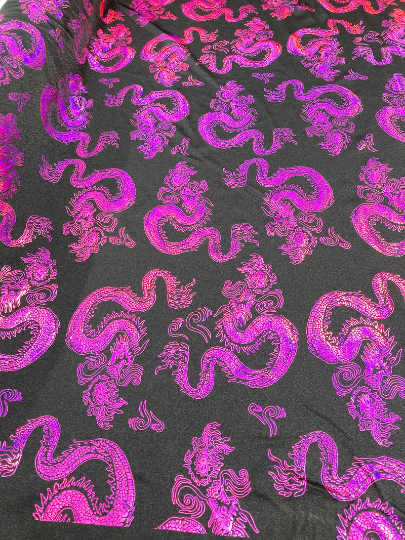 Fuchsia 58/59" Wide Dragon Foil Print on Black Lycra 4 Way Stretch  Spandex, Sold By The Yard.