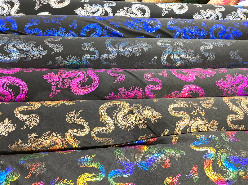 Royal Blue 58/59" Wide Dragon Foil Print on Black Lycra 4 Way Stretch  Spandex, Sold By The Yard.