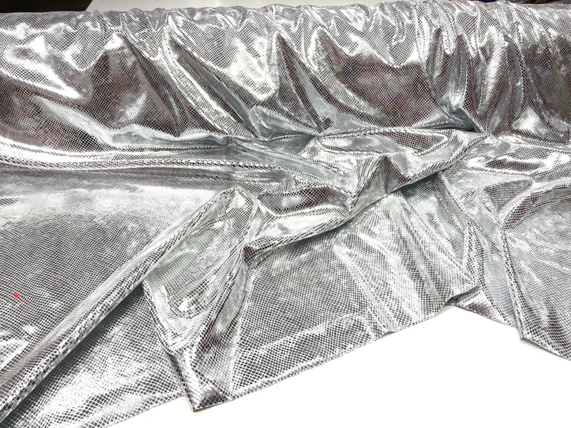 White Silver Metallic Illusion Venom Snake Skin, Stretch Velvet Iridescent Spandex Fabric - Sold By The Yard.