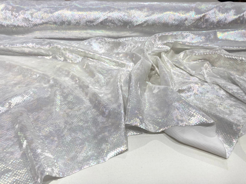 White Illusion Venom Snake Skin, Stretch Velvet Iridescent Spandex Fabric - Sold By The Yard.