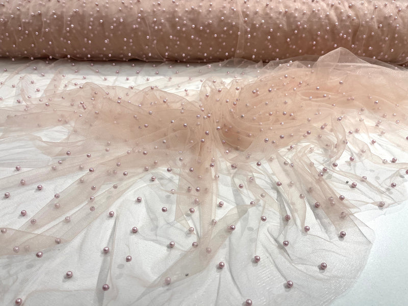 Blush Pink Scattered Pearls Studded Mesh, 2-Way Stretch, sold by the yard.