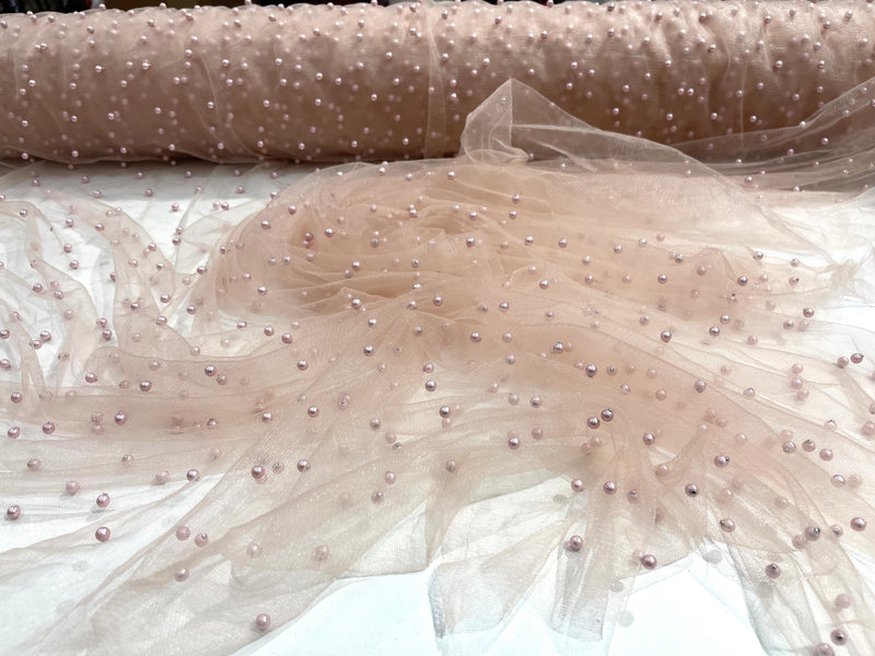 Blush Pink Scattered Pearls Studded Mesh, 2-Way Stretch, sold by the yard.