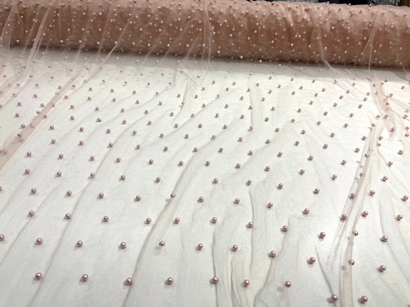 Blush Pink Scattered Pearls Studded Mesh, 2-Way Stretch, sold by the yard.