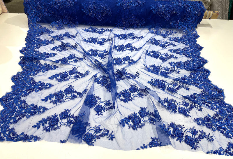 Royal Blue elegant hand beaded flower design embroider on a mesh lace-prom-sold by the yard.