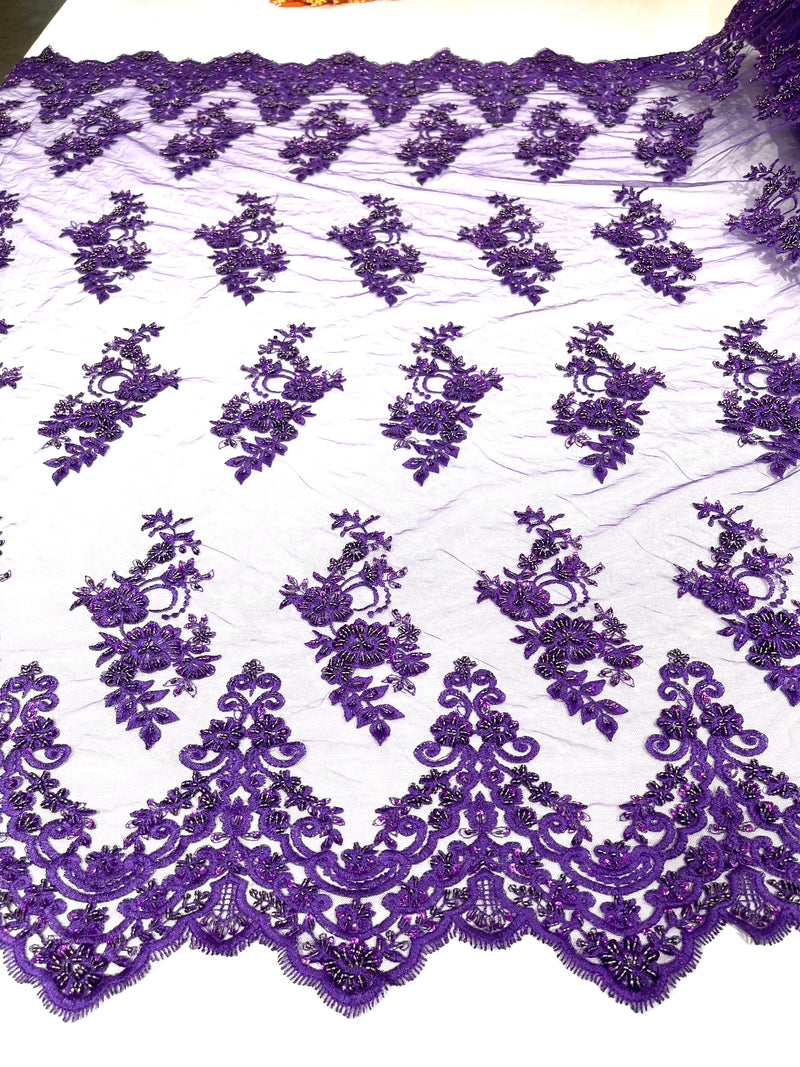 Purple elegant hand beaded flower design embroider on a mesh lace-prom-sold by the yard.