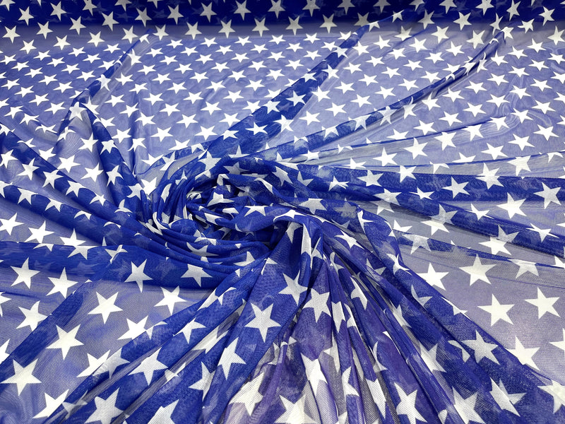 Patriotic White star design on Royal Blue power mesh 4-way stretch 58"-Sold by the yard