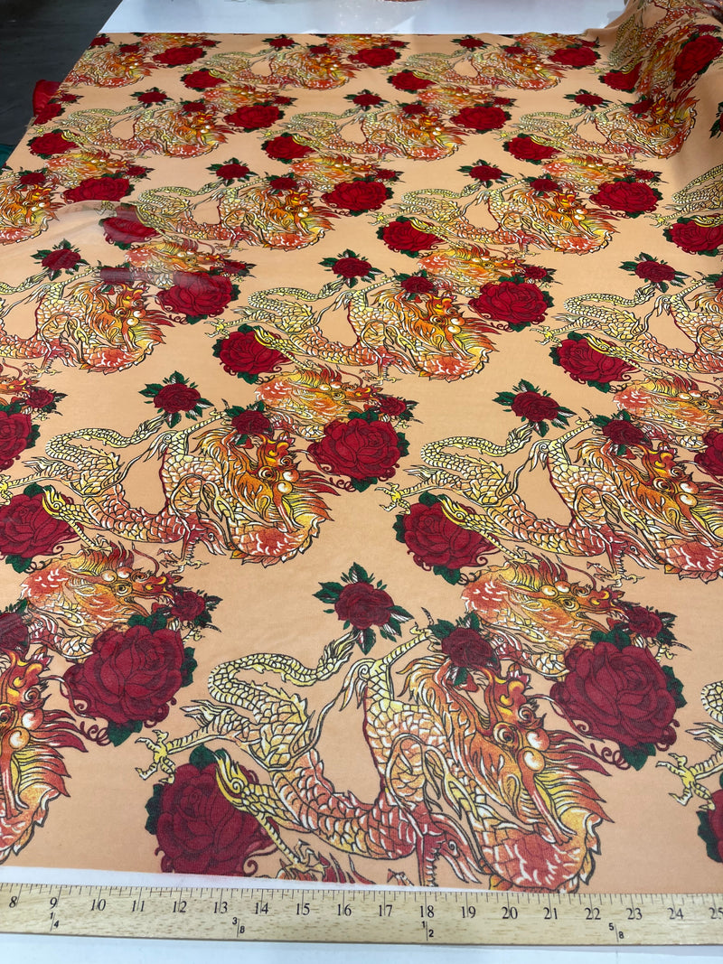 Dragon design with red roses on a power mesh 4-way stretch 58"-Sold by the yard.