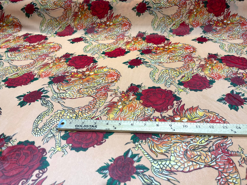 Dragon design with red roses on a power mesh 4-way stretch 58"-Sold by the yard.