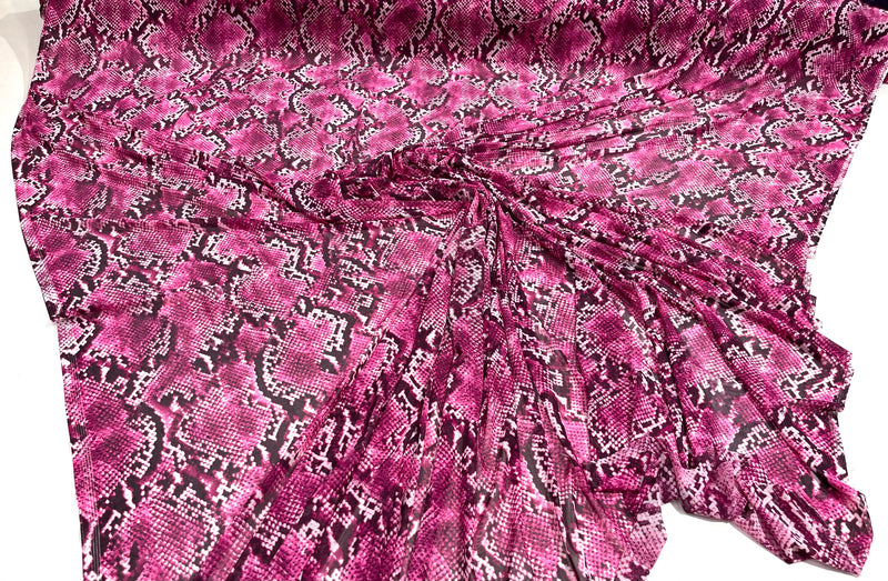 Fuchsia/ Black snake design on a power mesh 4-way stretch 58"-Sold by the yard.