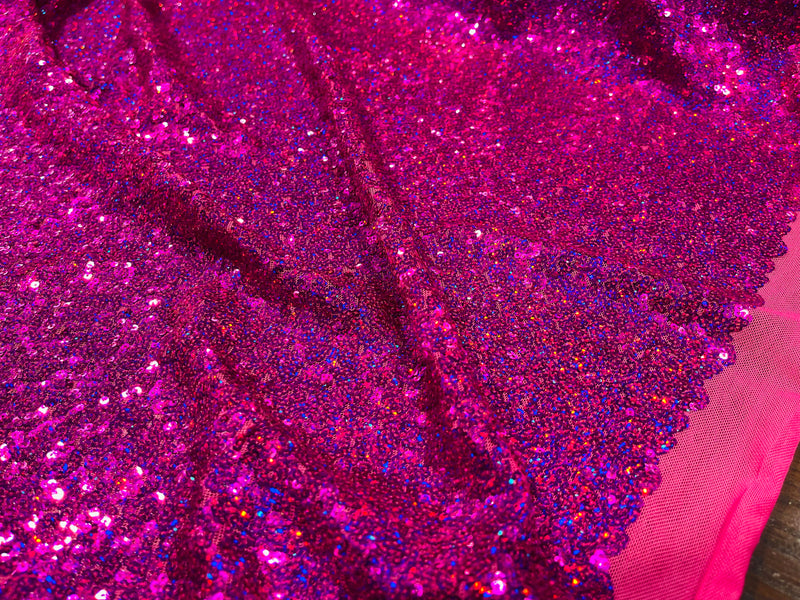 Fuchsia Iridescent Mini Glitz Sequins on a 4 Way Stretch Mesh-Sold By The Yard.