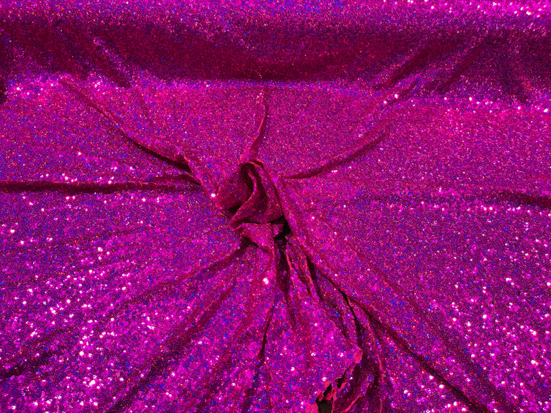 Fuchsia Iridescent Mini Glitz Sequins on a 4 Way Stretch Mesh-Sold By The Yard.