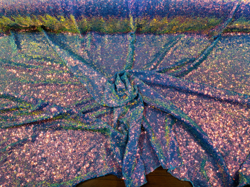 Lavender Iridescent Mini Glitz Sequins on a Turquoise 4 Way Stretch Mesh-Sold By The Yard.