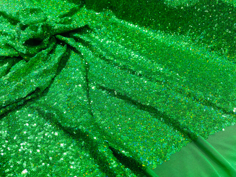 Kelly Green Iridescent Mini Glitz Sequins on a 4 Way Stretch Mesh-Sold By The Yard.