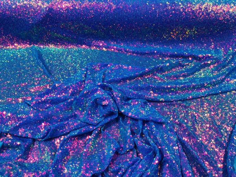 Purple Iridescent Mini Glitz Sequins on a Turquoise 4 Way Stretch Mesh-Sold By The Yard.