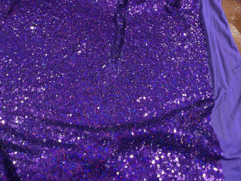 Purple Iridescent Mini Glitz Sequins on a 4 Way Stretch Mesh-Sold By The Yard.