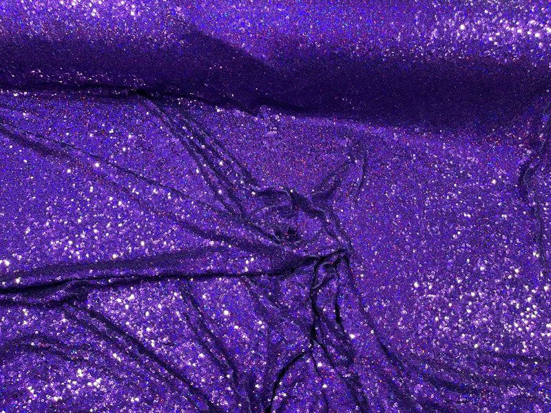 Purple Iridescent Mini Glitz Sequins on a 4 Way Stretch Mesh-Sold By The Yard.