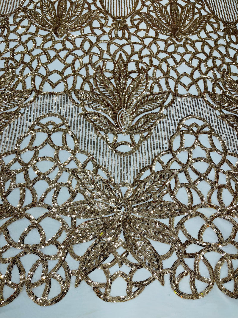 Feather Damask Shiny Sequin Design on a 4 Way Stretch mesh Fabric-Prom Night -Sold by The Yard.