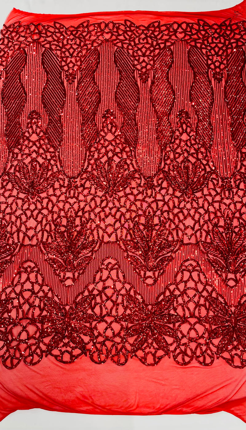 Feather Damask Shiny Sequin Design on a 4 Way Stretch mesh Fabric-Prom Night -Sold by The Yard.