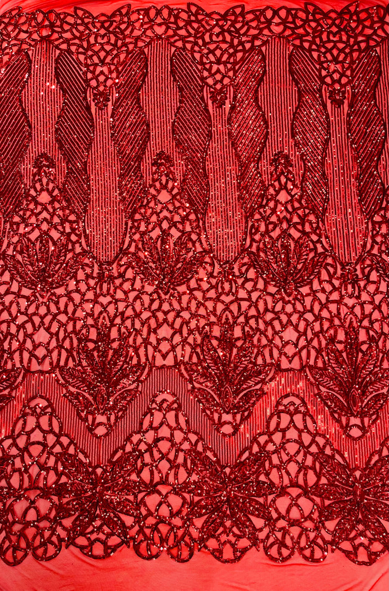 Feather Damask Shiny Sequin Design on a 4 Way Stretch mesh Fabric-Prom Night -Sold by The Yard.