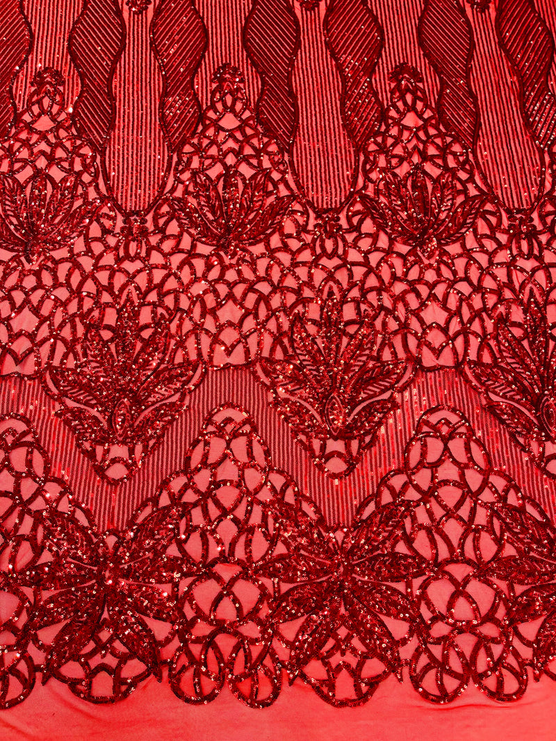 Feather Damask Shiny Sequin Design on a 4 Way Stretch mesh Fabric-Prom Night -Sold by The Yard.