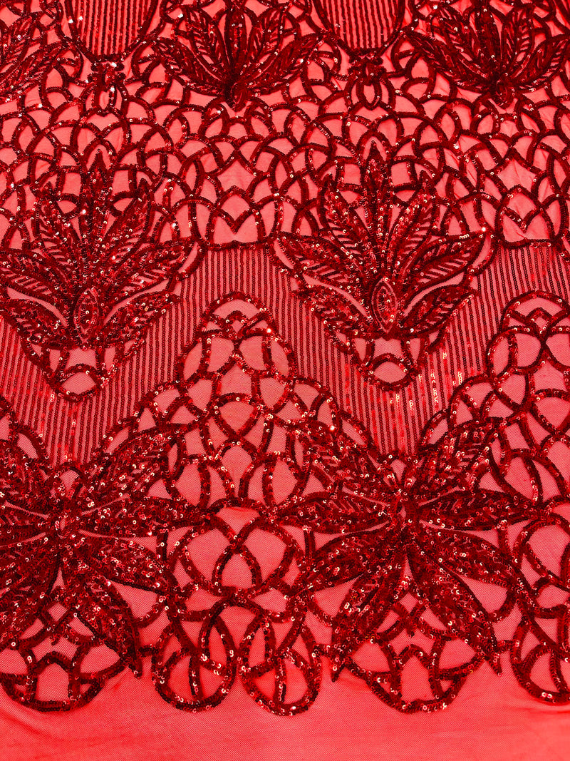 Feather Damask Shiny Sequin Design on a 4 Way Stretch mesh Fabric-Prom Night -Sold by The Yard.