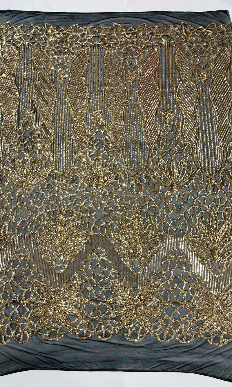 Feather Damask Shiny Sequin Design on a 4 Way Stretch mesh Fabric-Prom Night -Sold by The Yard.