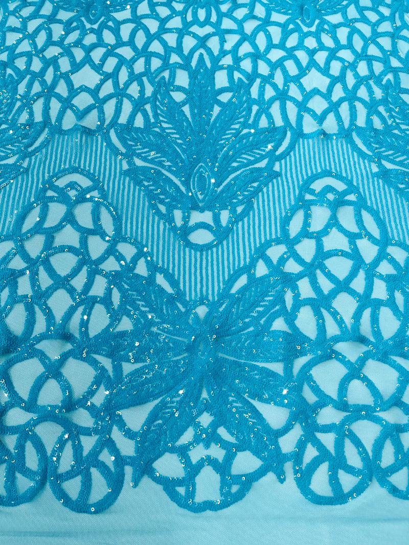 Feather Damask Shiny Sequin Design on a 4 Way Stretch mesh Fabric-Prom Night -Sold by The Yard.